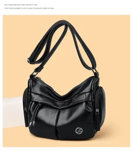 Women's black PU leather shoulder bag casual tote vintage design multi-pocket commuter handbag
