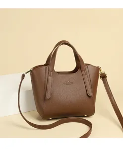 Brown leather shoulder bag women retro commuter bucket bag casual tote handbag daily use