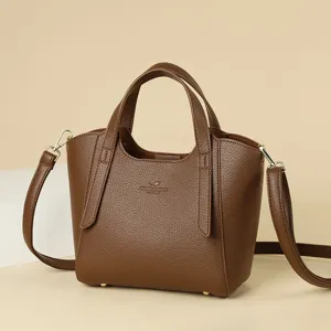 Women PU Leather Bucket Bag Vintage Commuter Crossbody Bag Casual Solid Color Top Handle Bag Handbag With Zipper