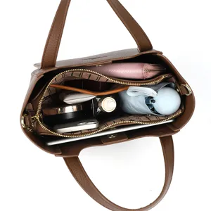 Brown leather bucket bag womens top handle crossbody bag large capacity commuting tote handbag