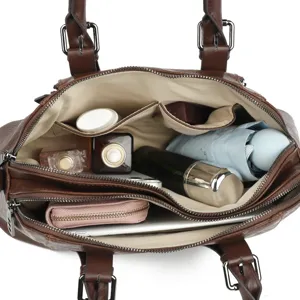 Fashion large capacity brown leather handbag top handle shoulder tote bag for women main view