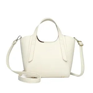 Elegant minimalist cream leather handbag, stylish bucket tote with shoulder strap for women.