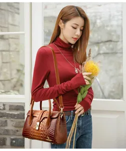 Brown crocodile pattern women's shoulder bag retro casual tote bag large capacity crossbody.