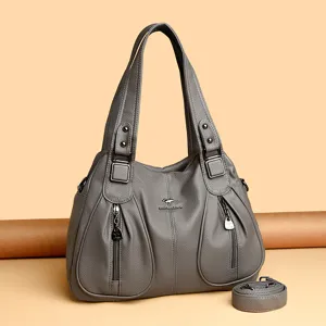 Women large capacity shoulder bag grey PU leather tote handbag with zipper pockets