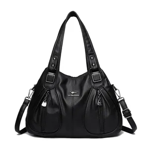 Black large capacity PU leather shoulder bag for women with top handle and crossbody strap.
