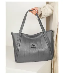 Grijze PU lederen shopper tas voor dames, grote schoudertas met gevlochten handvatten.