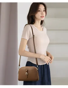Women's brown leather crossbody bag stylish shoulder handbag casual small square bag