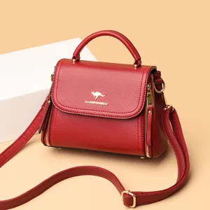 Red soft leather shoulder bag for women, stylish crossbody bag with top handle and zippers.