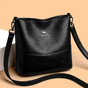 Women Vintage Soft PU Leather Crossbody Bag Large Capacity Commuter Shoulder Bag Casual Solid Color Bucket Bag