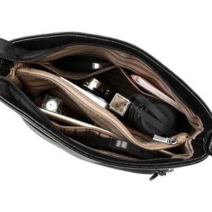 Black PU leather women shoulder bag large capacity commuter tote handbag interior view