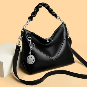 Women PU Leather Handbag Casual Shoulder Crossbody Bag Fashion Tote Bag With Metal Chain And Smile Face Pendant