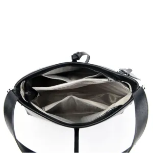 Black leather shoulder bag top view, large capacity casual handbag with inner zipper pockets.