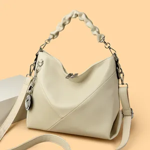 Chic cream leather hobo shoulder bag for women, stylish casual crossbody handbag with ruched handle.