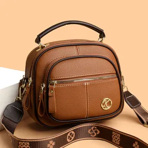 Brown soft leather multi-layer crossbody shoulder bag for women, stylish and versatile.