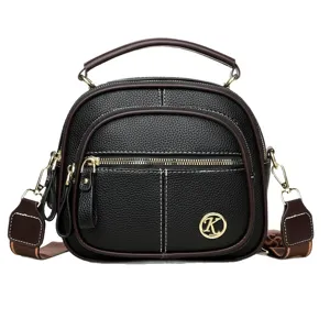 Black soft leather multi-layer crossbody bag for women, stylish top handle shoulder handbag.