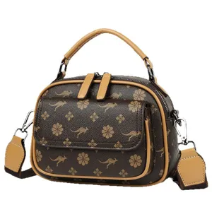 Stylish brown monogram top handle shoulder bag with crossbody strap for daily casual wear.
