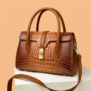 Women brown crocodile pattern handbag retro PU leather top handle shoulder crossbody bag