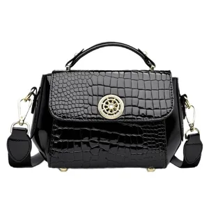 Black patent leather crocodile pattern handbag stylish top handle shoulder bag for women