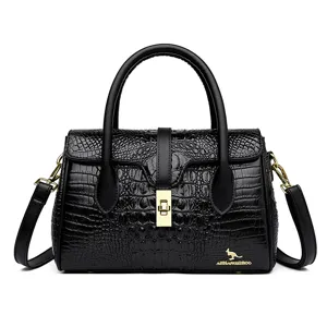 Black crocodile texture women handbag stylish top handle shoulder bag large capacity casual purse
