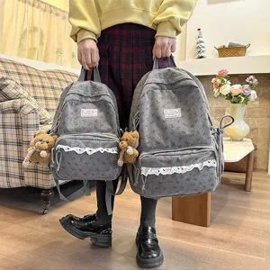 Korean style grey corduroy school backpack with cute bear pendant and lace trim large capacity