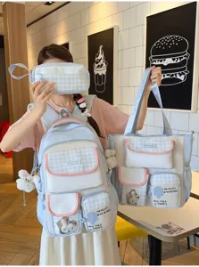 Cute blue white plaid school backpack tote bag pencil case 3-piece set for student daily travel