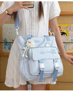 Light blue cute cat canvas shoulder bag student tote large capacity kawaii messenger