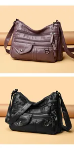Multi-pocket PU leather shoulder bag with zipper compartments and stylish design.