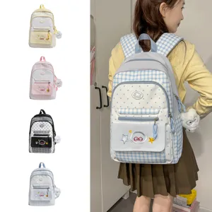 Sweet plaid school backpack for teenage girls cute polka dot casual daypack with plush charm