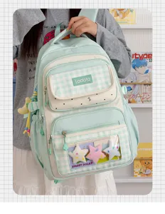 Mint green plaid student backpack with transparent ita window, large capacity daily school bag.