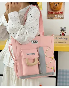 Bolso de hombro de lona rosa con múltiples bolsillos gran capacidad lindo bolso de cercanías