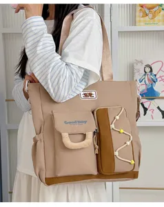 Gran capacidad bolso de hombro de lona con bolsillos, bolso casual para la escuela.