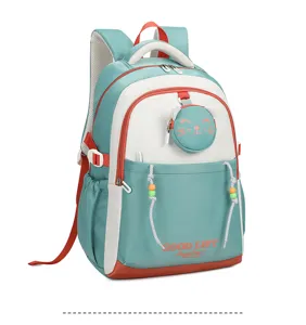 Teal and white school backpack with cute cat front pocket and bead drawstrings for students.