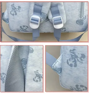 Light blue student backpack with cute bear print, multi-compartment design, breathable mesh straps.