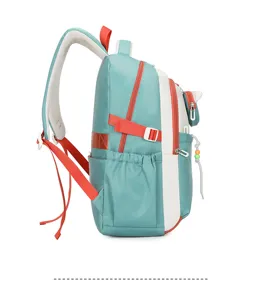 Side detail view of the fashionable multi-pocket school backpack with contrasting shoulder straps.