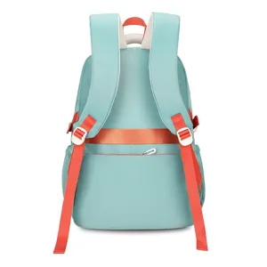 Casual school backpack with teal fabric, orange straps and adjustable white buckles.