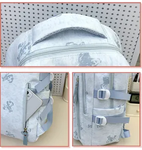 Light blue bear print backpack detail view, featuring multi-compartment and side pockets.