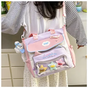 Cute canvas cross body bag with clear front pocket, multi-functional school shoulder bag.