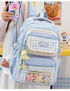 Light blue plaid student school backpack with transparent ita window, cute daily casual bag.