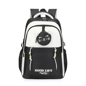 Black white canvas school backpack with cute cat pouch and colorful beaded straps for daily campus.