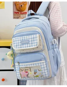 Light blue plaid student backpack large capacity casual school bag cute ita bag.
