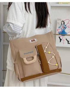 Bolso bandolera de lona con múltiples bolsillos de gran capacidad para estudiantes beige