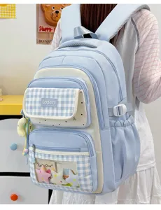 Cute light blue plaid student backpack with transparent ita window, large capacity daily school bag.