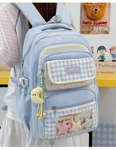 Cute student backpack with plaid front pocket and transparent ita window for daily use