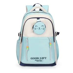 Close-up details of the cute light blue school backpack featuring a cat pouch and beaded drawstrings.