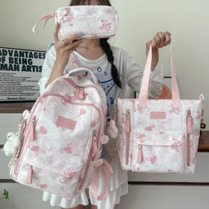 Korean style pink print school backpack set with multi-compartment design for students