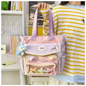 Cute canvas tote bag large capacity transparent pocket student shoulder bag daily casual backpack.