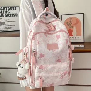 Detailed view of cute pink bear print school backpack, featuring multiple compartments and sweet style.