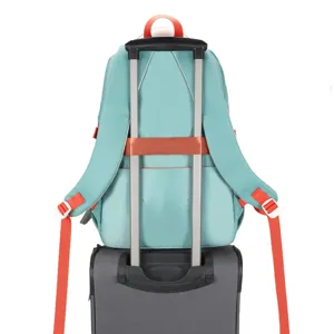 Casual teal student school backpack featuring a convenient luggage strap design for travel.