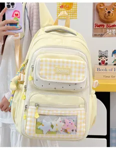 Yellow plaid student ita backpack with clear window, large capacity casual bookbag details.