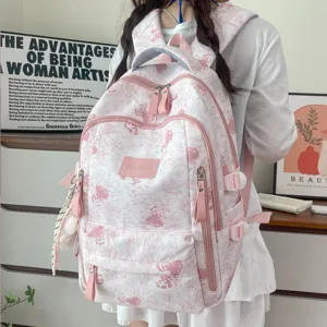 Detailed view of pink cute bear print school backpack with multi compartments and side straps.